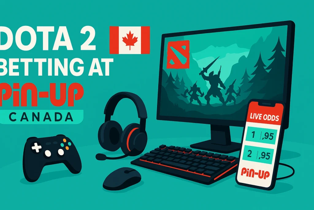 Dota 2 Betting at Pin-Up Canada – live odds on phone, gaming setup, Canadian flag and Dota-themed monito