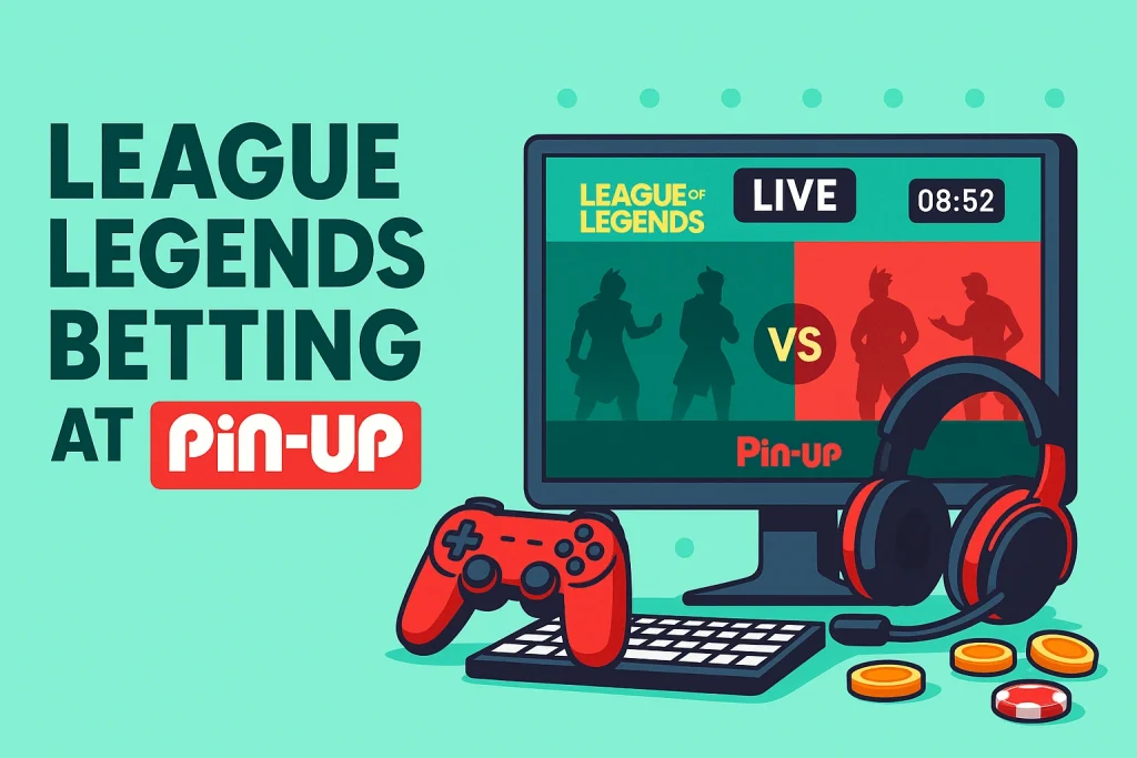 League of Legends Betting at Pin-Up – live esports match on monitor with controller, keyboard and headset