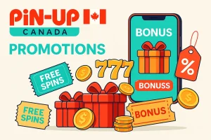 Pin-Up Canada Promotions – bonus gifts, free spins, 777 slot symbol and Canadian branding in brand colors