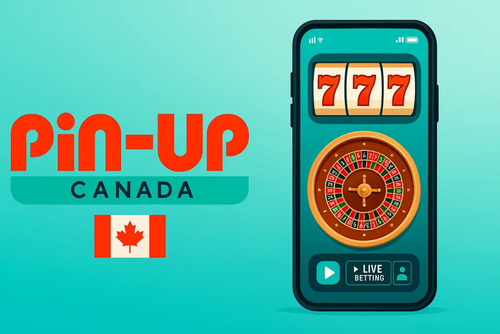 Pin-Up Canada Mobile App with smartphone screen showing slots 777 and roulette in brand colors